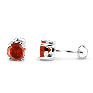 Solitaire Screw Back Stud Earring Brilliant Round Simulated Garnet CZ Solid 925 Sterling Silver